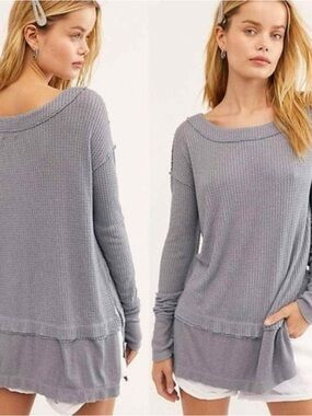 We The Free North Shore Thermal Waffle Tunic Gray Knit Top